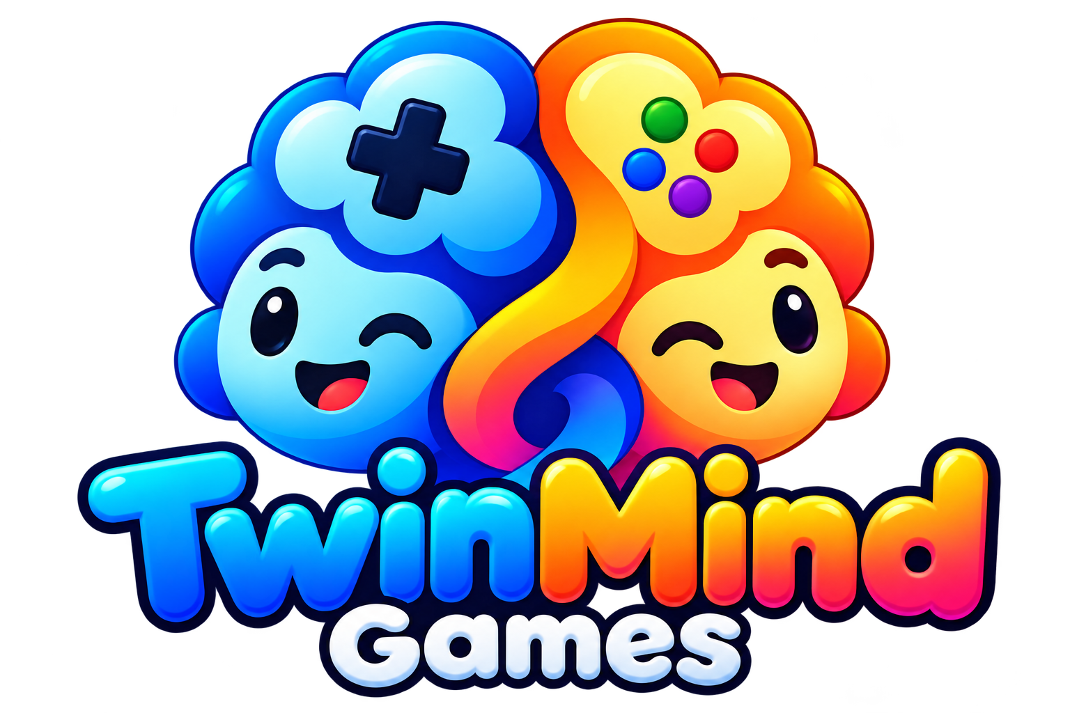 TwinMind Games: colourful blue and orange smiling puzzle characters